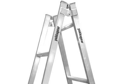 Melbourne Made Adjustable Aluminium A-Frame Trestle Ladders from Yakka Gear. Available in sizes 1.8m, 2.4m, 3.0m, 3.6m, 4.2m, and 4.8m. All adjustable to be higher by 26cm on each leg. Zoomed in to the top of the ladder