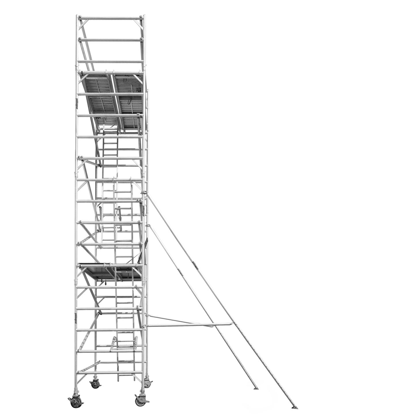 Yakka Gear Australia 2.5m Length 1.3m Wide 8.6m reach wide scaffolding tower access equipment with working height of 6.6m, view from the side showing the extruding supporting legs outriggers. 