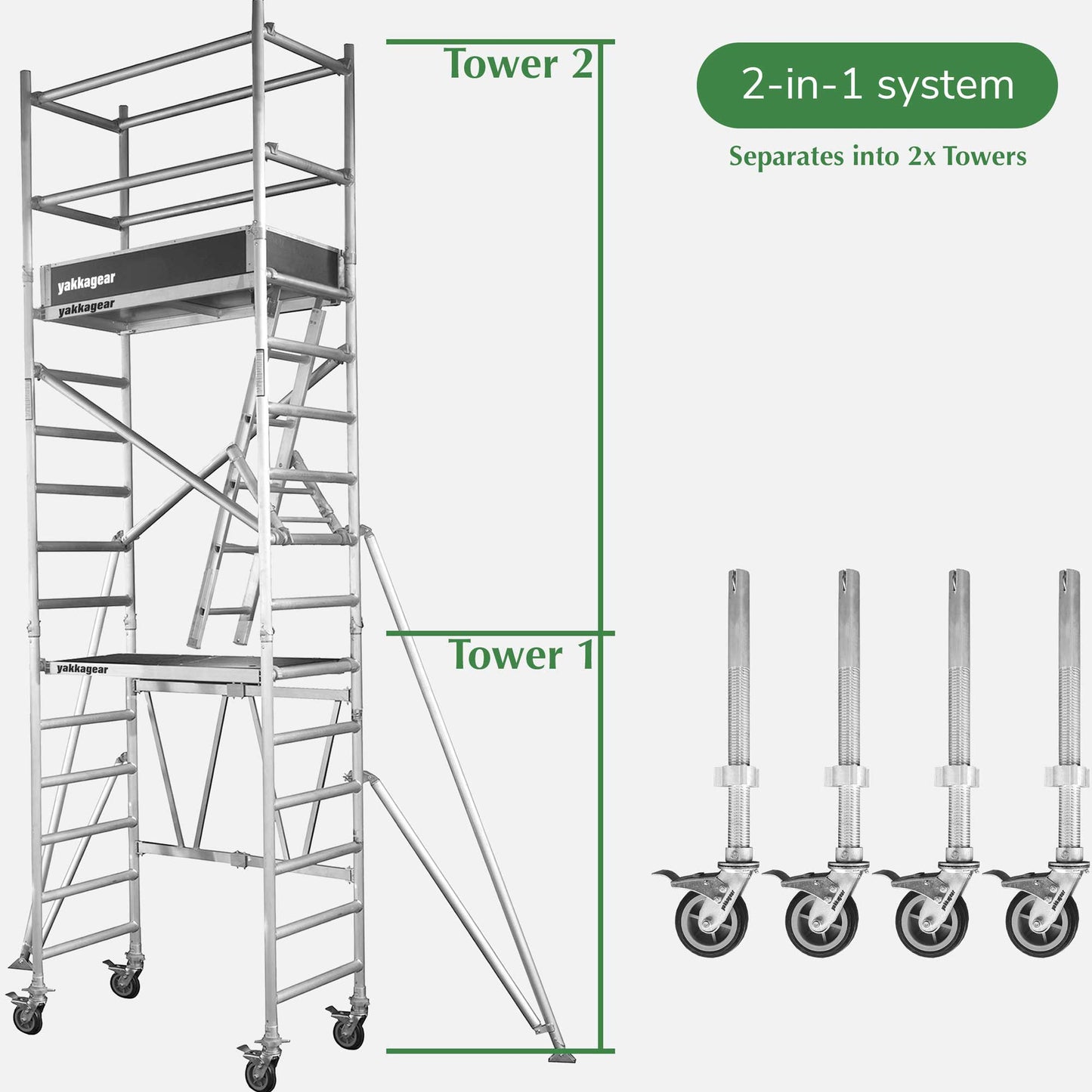 Yakka Gear Australia compact scaffolding tower as access equipment, including the Base Unit, Extension Unit, Tower Unit, and Adjustable Wheels. 1.44m Length x 0.74m Width, with working platform height of 3.9m and reach up to 6m high. Showing how it can be used as 2 scaffolds, separated in 2-in-1 system.