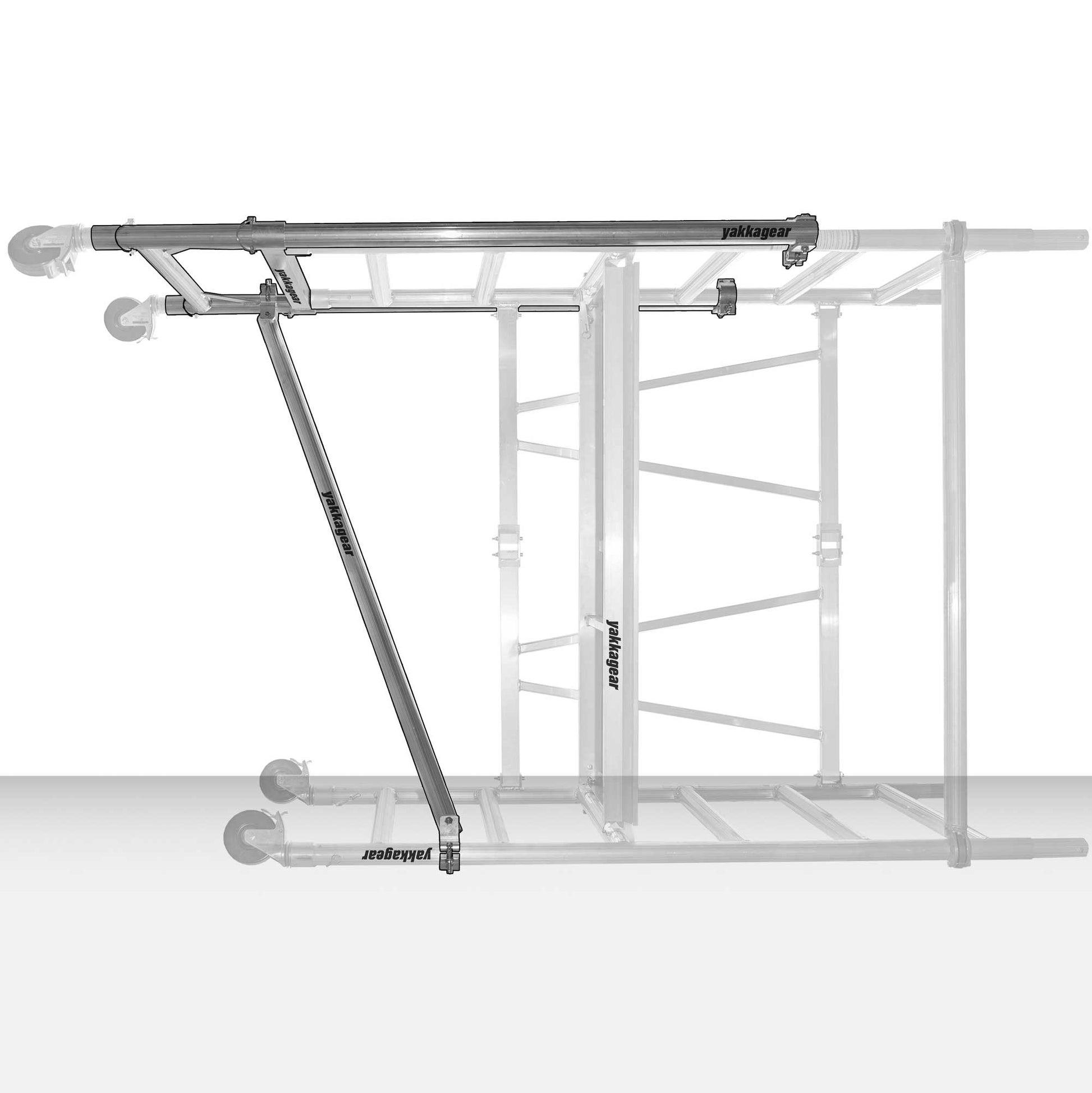 Yakka Gear Australia Adjustable Stairs toolkit used on 1.44m Length x 0.74m Width compact scaffolding tower as access equipment, with working platform heights ranging from 1.2m to 3.9m and reach between 3.25m to 6m, zoomed in detailed view of the stairs toolkit with the rest of the scaffold greyed out, with white background. 