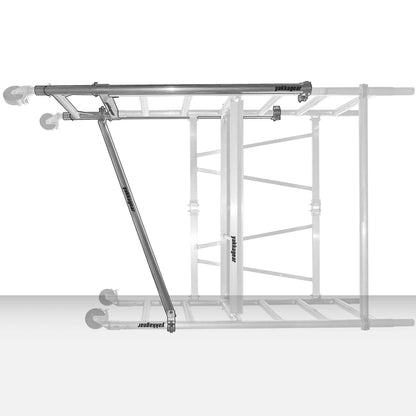 Yakka Gear Australia Adjustable Stairs toolkit used on 1.44m Length x 0.74m Width compact scaffolding tower as access equipment, with working platform heights ranging from 1.2m to 3.9m and reach between 3.25m to 6m, zoomed in detailed view of the stairs toolkit with the rest of the scaffold greyed out, with white background. 