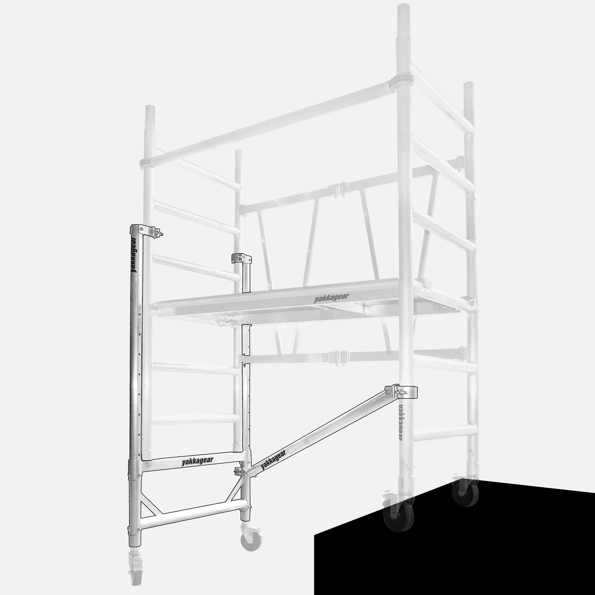 Yakka Gear Australia Adjustable Stairs toolkit used on 1.44m Length x 0.74m Width compact scaffolding tower as access equipment, with working platform heights ranging from 1.2m to 3.9m and reach between 3.25m to 6m, zoomed in detailed view of the stairs toolkit with the rest of the scaffold greyed out, with white background. 