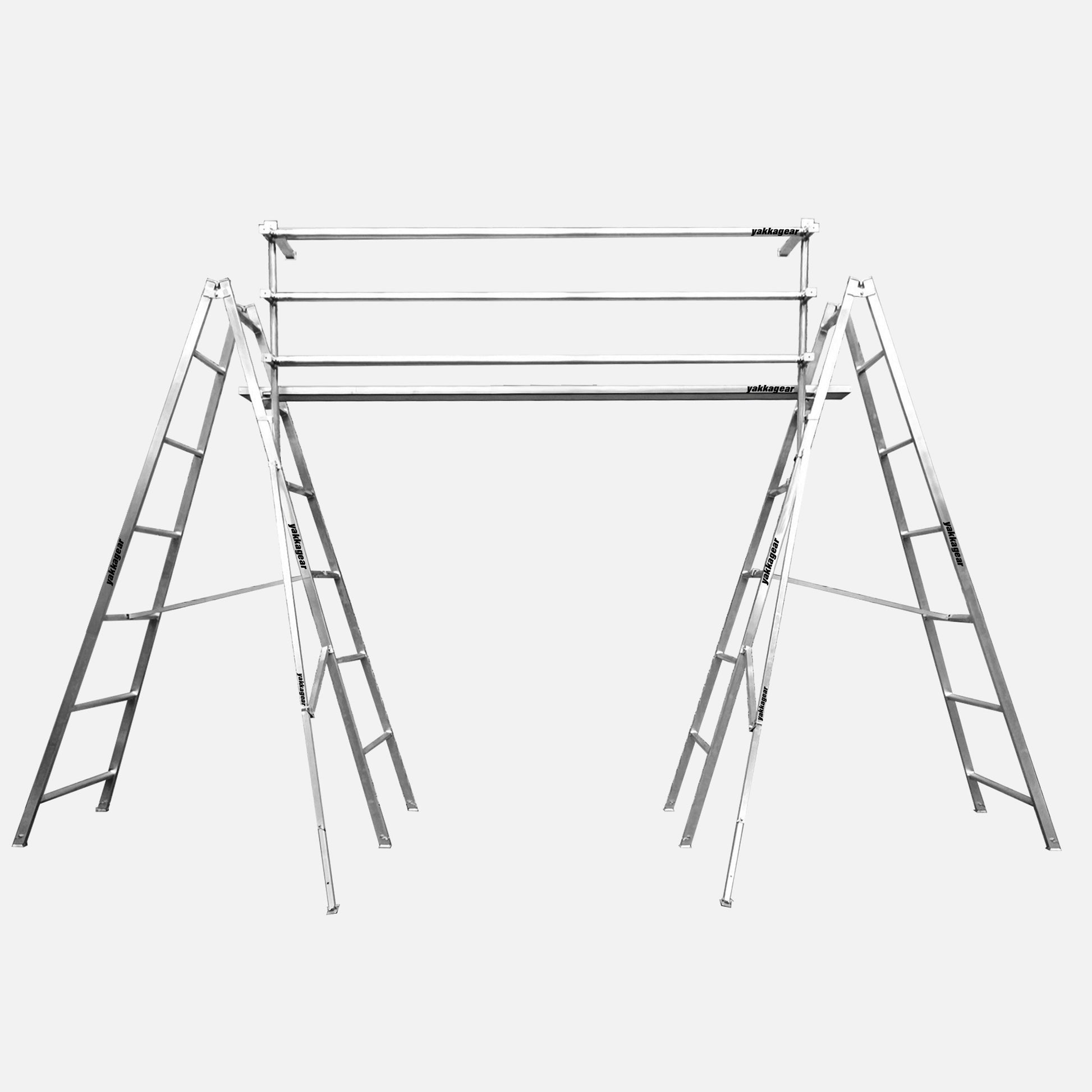 Melbourne Made Adjustable Aluminium A-Frame Trestle Ladders Handrails Guard Rails from Yakka Gear. Available for trestles at sizes 1.8m, 2.4m, 3.0m, 3.6m, 4.2m, and 4.8m. For planks up to 6m lengths, can be extended to longer lengths. All trestles adjustable to be higher by 26cm on each leg. Has spreader bars and outriggers. 