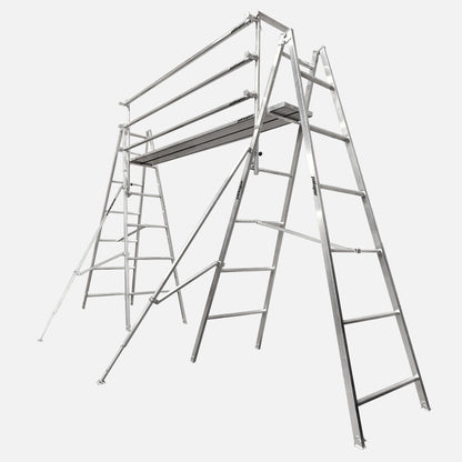 Melbourne Made Adjustable Aluminium A-Frame Trestle Ladders Handrails Guard Rails from Yakka Gear. Available for trestles at sizes 1.8m, 2.4m, 3.0m, 3.6m, 4.2m, and 4.8m. For planks up to 6m lengths, can be extended to longer lengths. All trestles adjustable to be higher by 26cm on each leg. Has spreader bars and outriggers. View from the side Angle. 