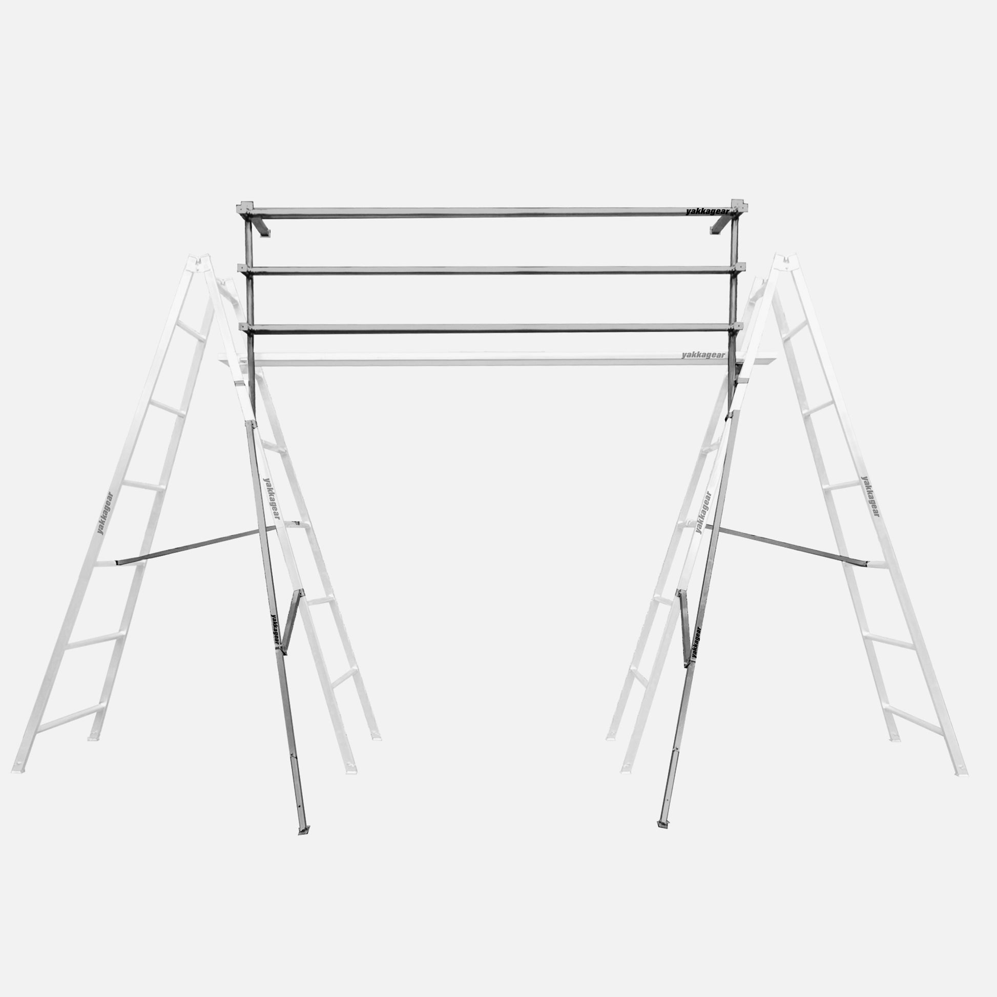 Melbourne Made Adjustable Aluminium A-Frame Trestle Ladders Handrails Guard Rails from Yakka Gear. Available for trestles at sizes 1.8m, 2.4m, 3.0m, 3.6m, 4.2m, and 4.8m. For planks up to 6m lengths, can be extended to longer lengths. All trestles adjustable to be higher by 26cm on each leg. Has spreader bars and outriggers. Picture with A-frames greyed out to see the handrail clearer. 