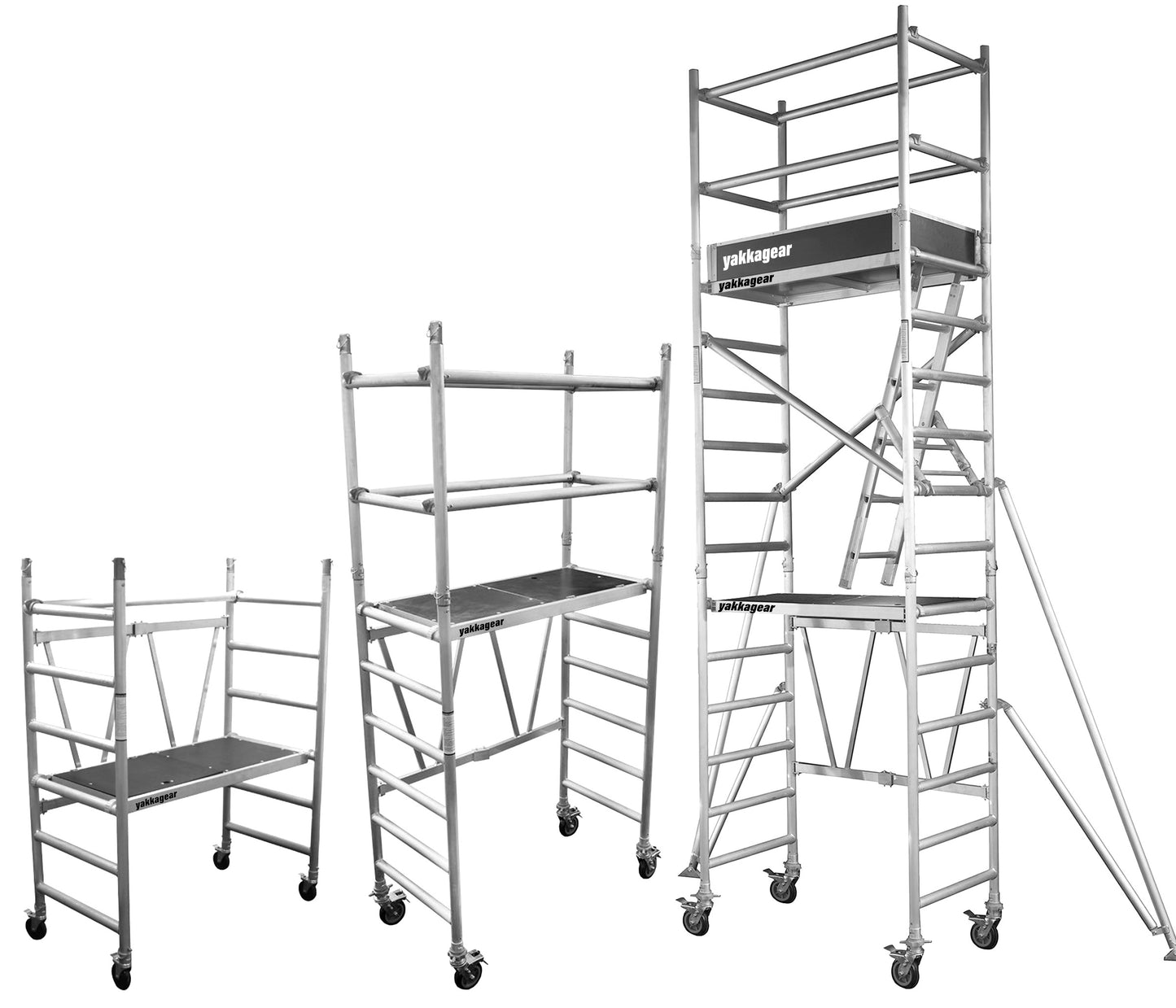 Yakka Gear Australia compact scaffolding tower as access equipment, all three in the same photo, from left to right: 3.25 reach, 3.8m reach, 6m reach. 1.44m Length x 0.74m Width, with working platform heights ranging from 1.2m to 3.9m and reach between 3.25m to 6m, view from the front angle.  