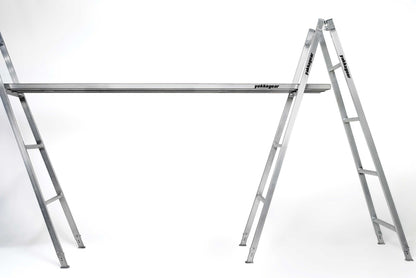 Yakka Gear Australia  Aluminium Planks as access equipment. Various sized planks available including 2.5m, 3m, 3.6m, 4m, 5m and 6m planks. Shown being used across two trestle ladders. Can also be used as access equipment on scaffolding or trestles, as hungry boards, ramps, saw horse, plastering stool, steps for stairs, side steps to a 4WD vehicle or boat trailer.