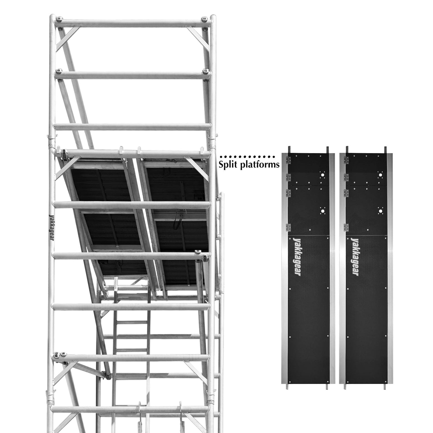 Yakka Gear Australia 2.5m Length 1.3m Wide wide scaffolding tower access equipment with working height of 2.6m, 4.6m, or 6.6m. 
View from under the deck, showing the split marine plywood platform design with latch door opening on both decks. 