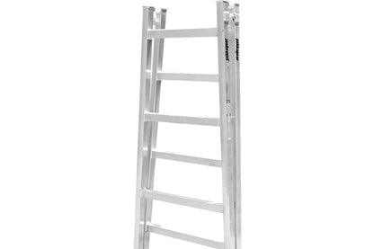 Yakka Gear Australia Aluminium Trestles as access equipment or painters A-frame ladders.. Various sized trestles available including 1.8m, 2.4m, 3.0m, 3.6m, and 4.2m. All the trestles are adjustable by 30cm with Adjustable legs. View of the whole trestle ladder folded & seen from the side.