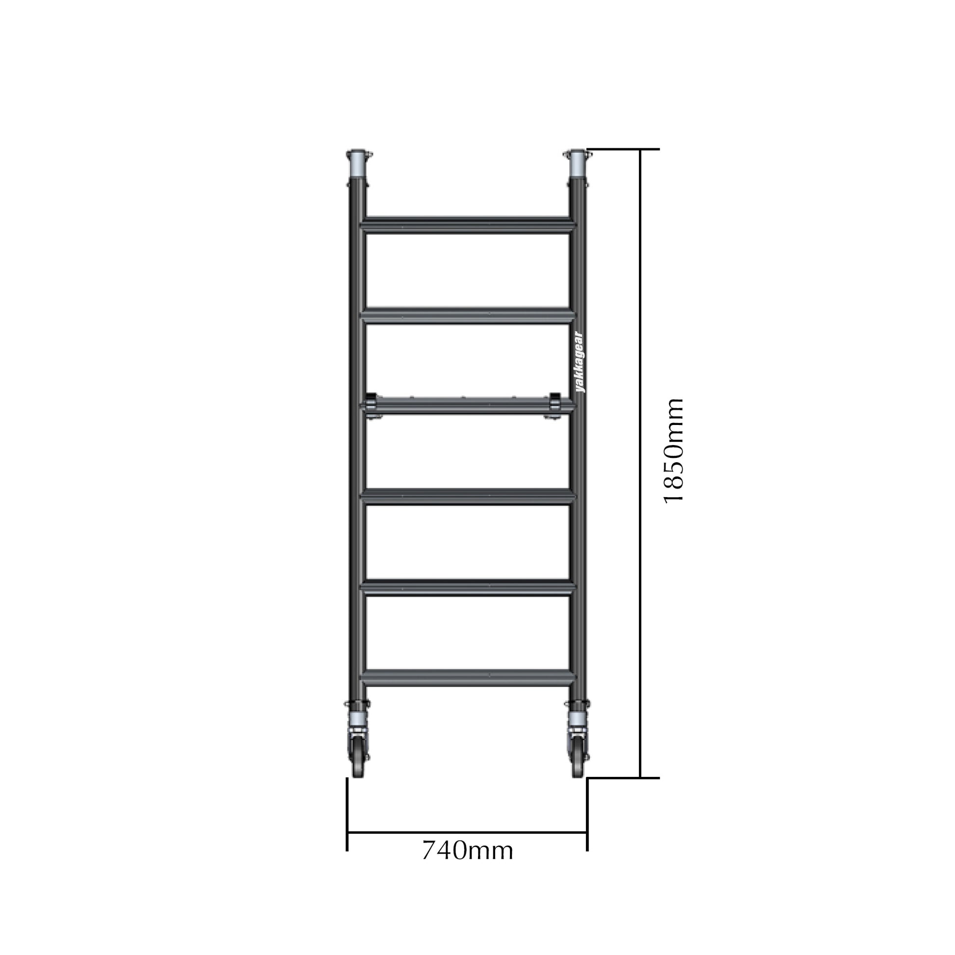 Yakka Gear Australia Frames for 1.44m Length x 0.74m Width compact scaffolding tower as access equipment, with working platform heights ranging from 1.2m to 3.9m and reach between 3.25m to 6m, zoomed in detailed view of frames from the front angle with dimensions. 