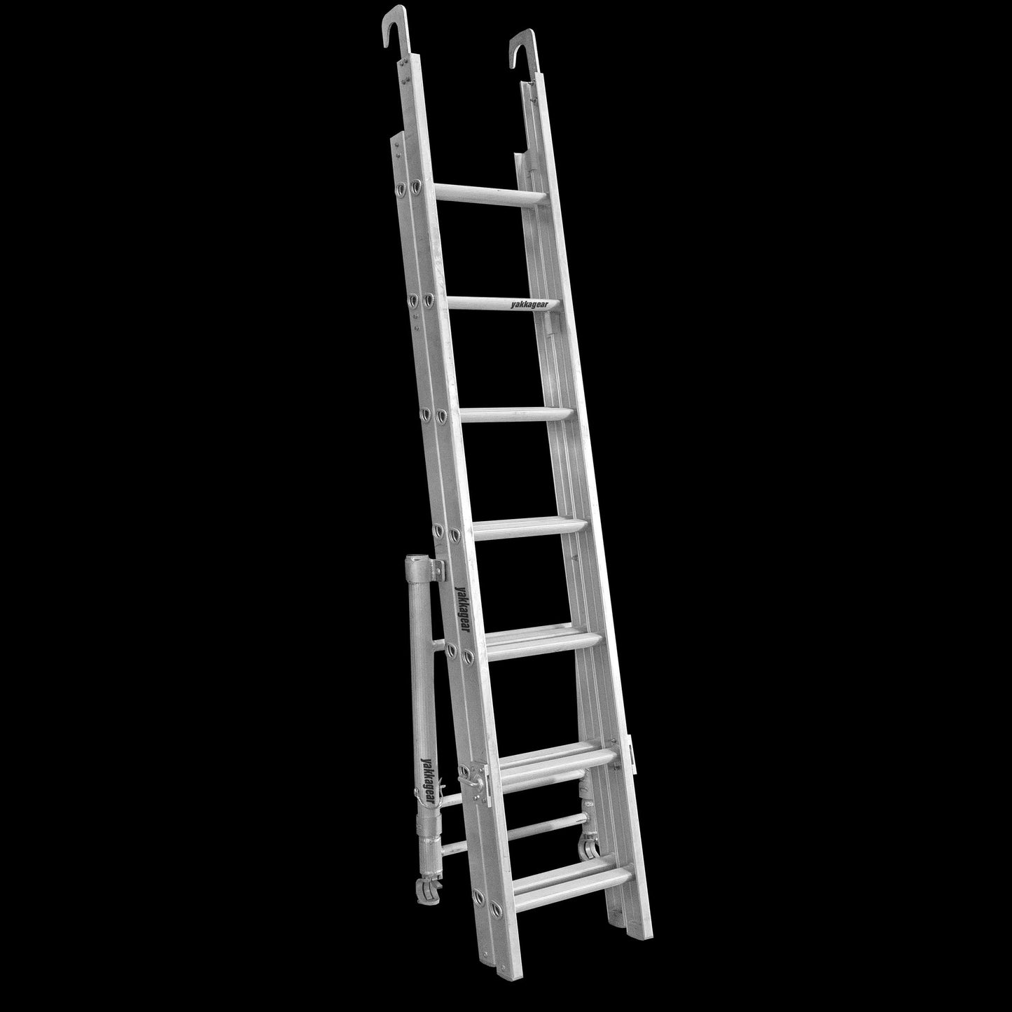 Yakka Gear Australia extendable ladder, to be used on 2.5m Length 1.3m Wide, on 8.6m, 6.6m, and 4.6m reach wide scaffolding tower access equipment. Extends from 2.6m to 4m.